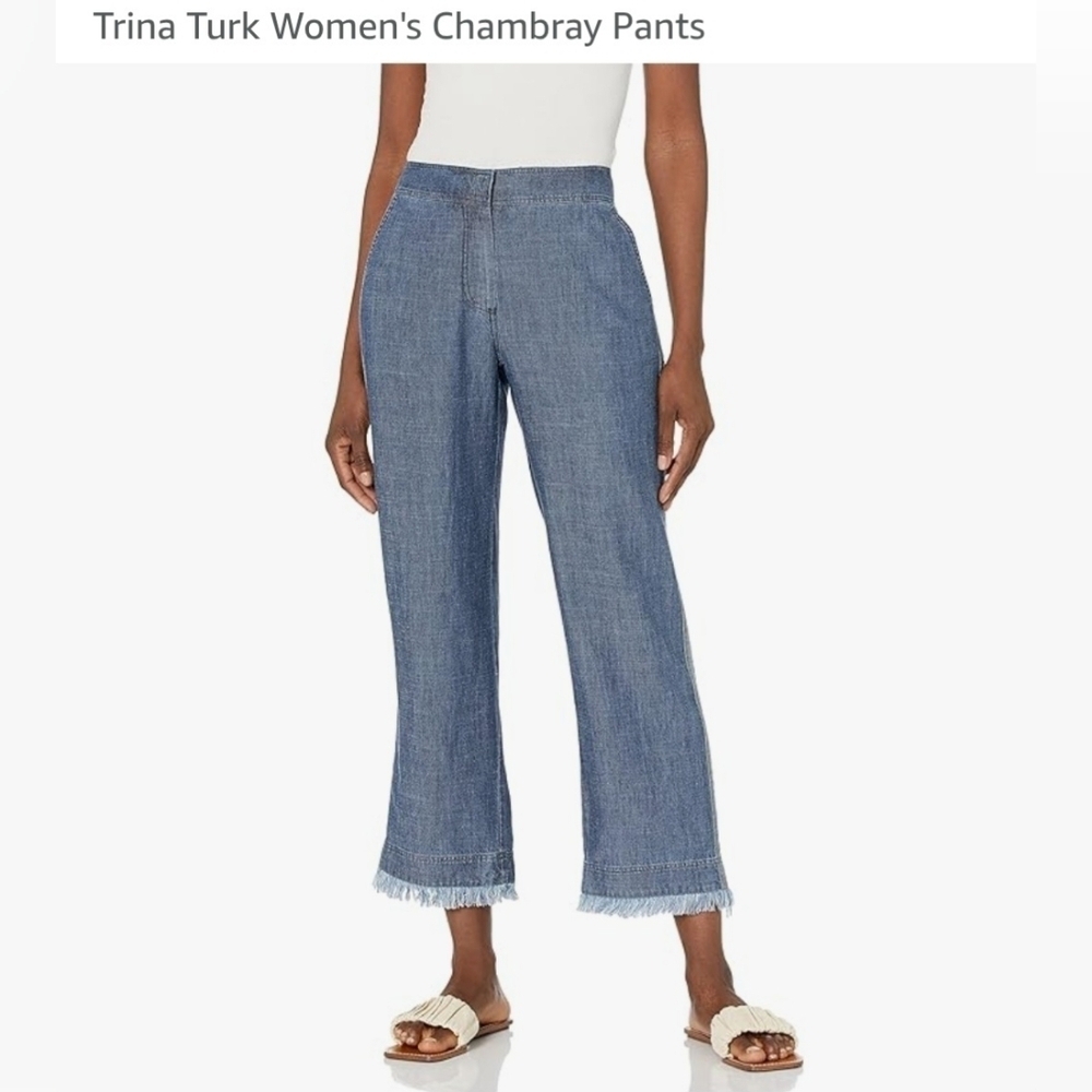 Trina Turk Chambray Denim linen Fringe Hem Pants Small casual old money coastal